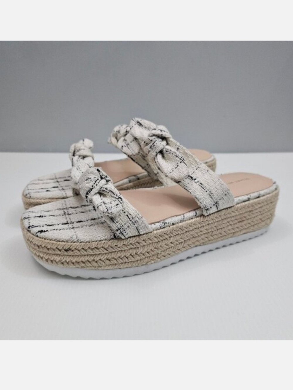 Stuart Weitzman Bandeau Platform Espadrille Sandal 8.5 White Black Tweed Slide